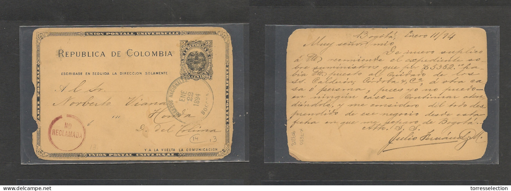 COLOMBIA. Colombia Cover - 1894 Bogota To Honda Stat Card With Rare Red NO RECLAMADA Special Cachet Rarity - Colombia