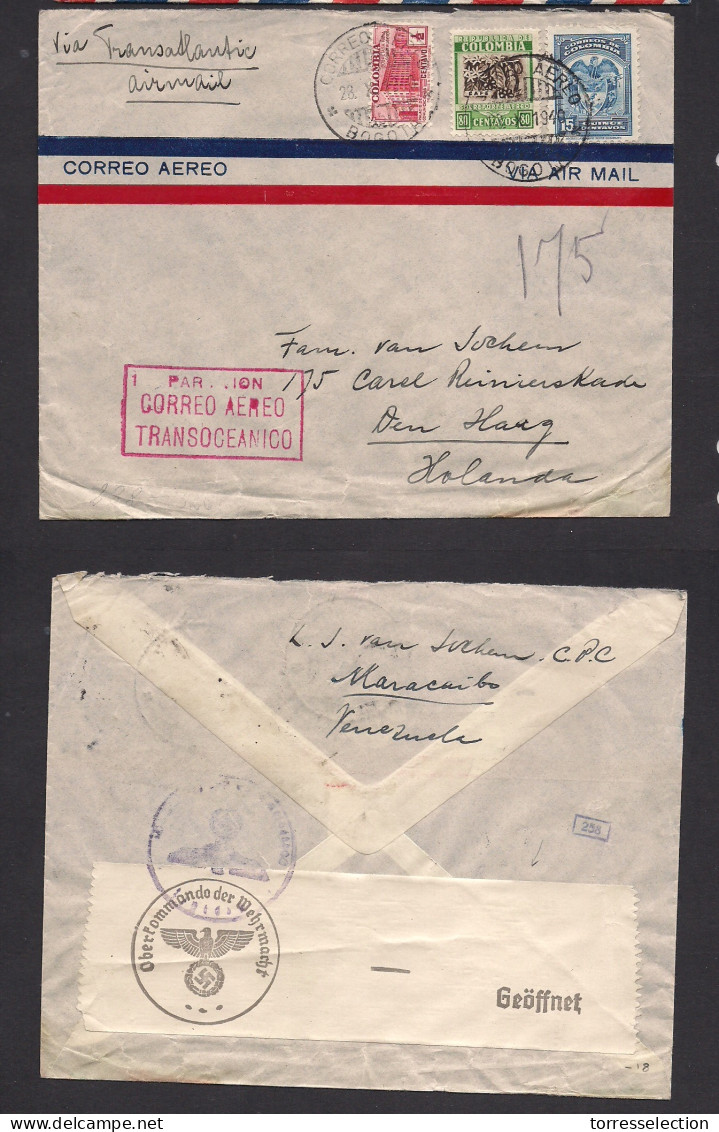 COLOMBIA. 1940 (28 Nov) Bogota - Netherlands, Den Haag "Via Transoceanico Nº1" Air Multifkd Env. Reverse Nazi Censored. - Colombia