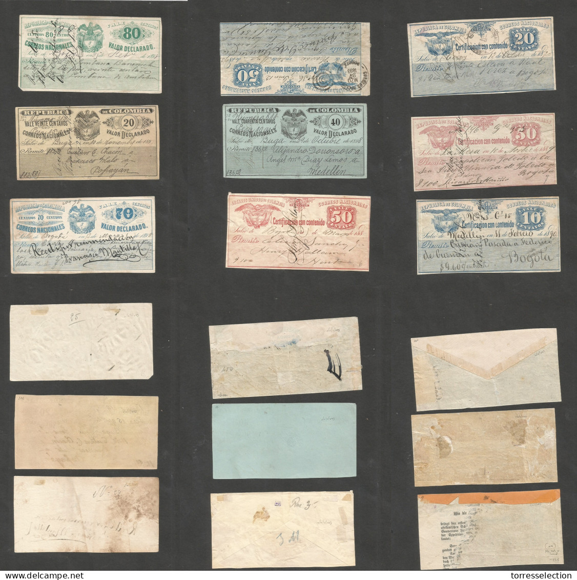 COLOMBIA. 1889-90s. Valores Declarados / Certificados Group Of Nine Different Circulated, High Values Etc. Label Seals.  - Colombia