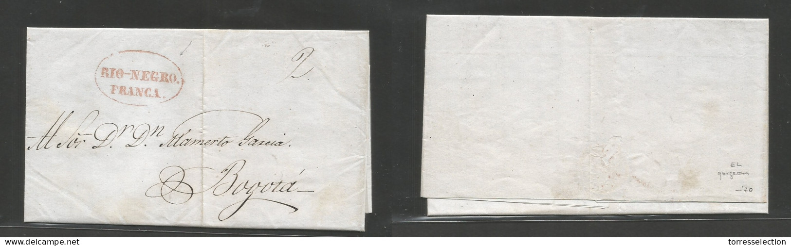 COLOMBIA. 1845 (20 Aug) Rio Negro - Bogota. EL With Contains, Oval Red "Rio Negro / Franca" (xxx) + Mns "2" Reales. VF. - Colombia