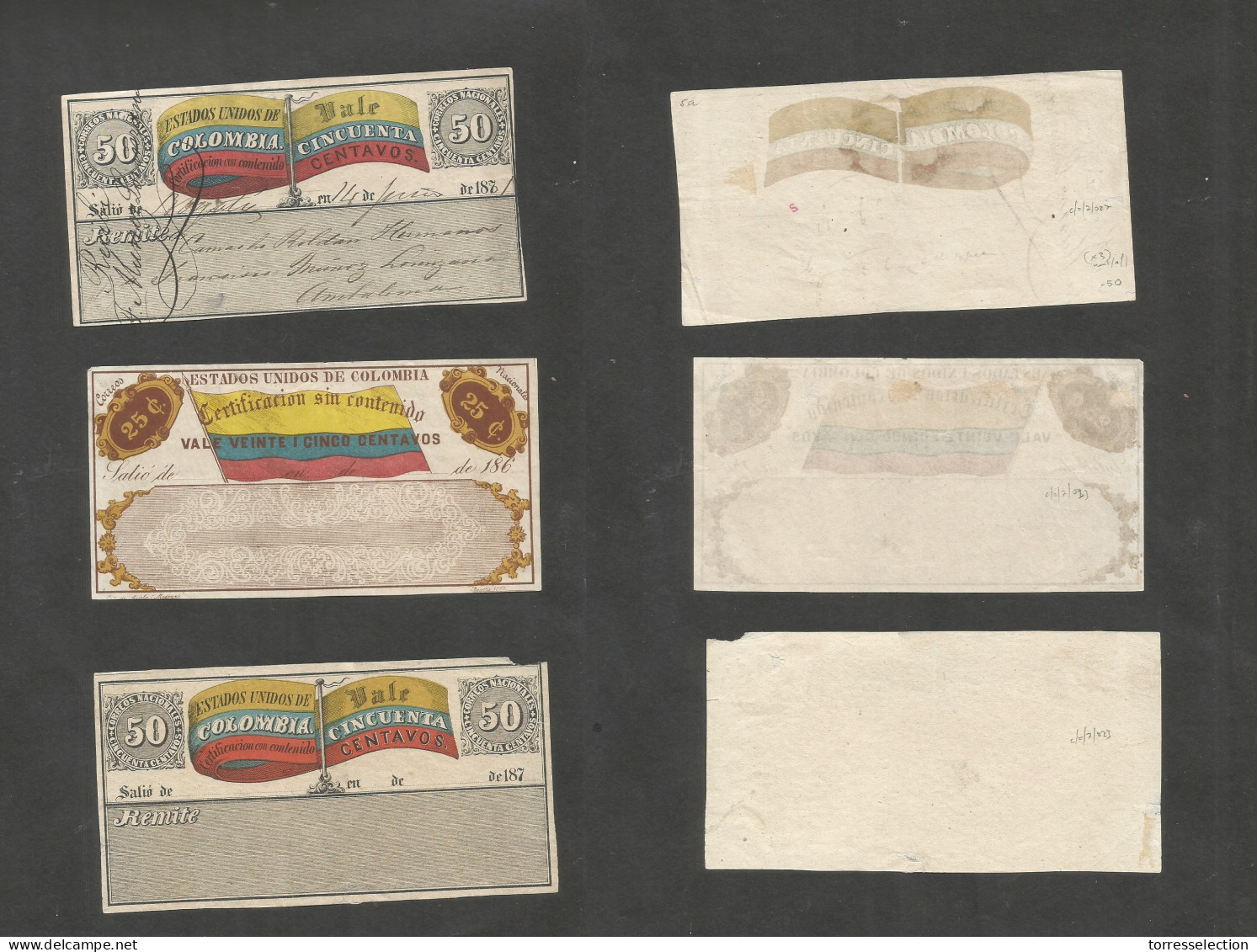 COLOMBIA. C. 1860-71. Registration Seals. 3 Diff 25c And 50c One Used In 1871. Scarce Trio. - Colombia