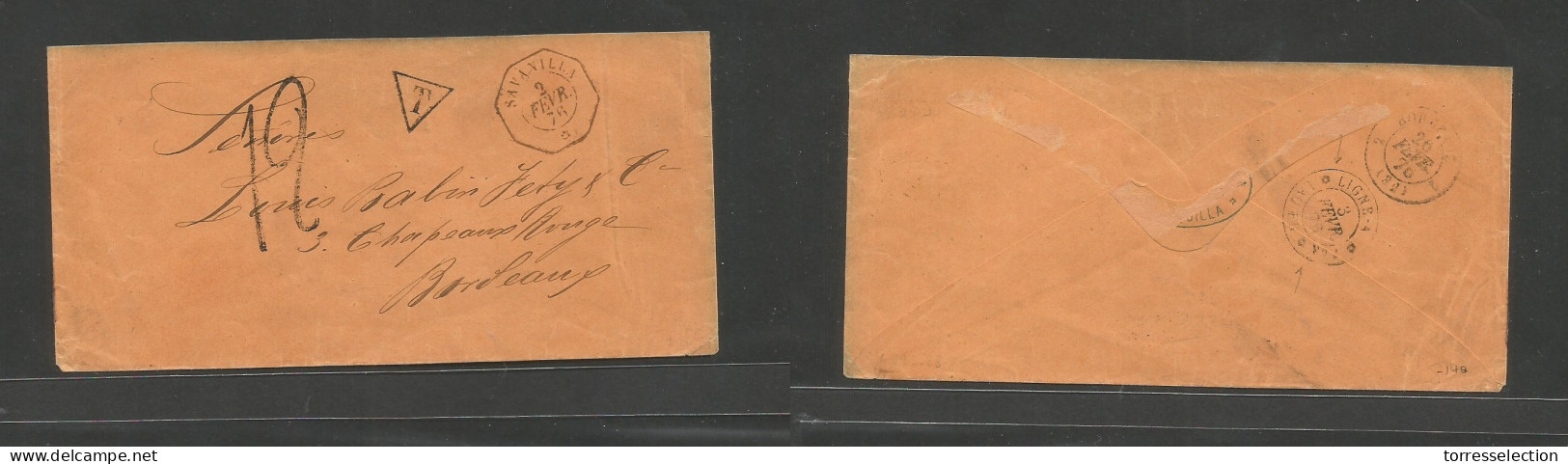 COLOMBIA. 1876 (2 Feb) Barranquilla - France, Bordeaux (26 Feb) Stampless Envelope Via French Postal Agent Savanilla Cac - Colombia