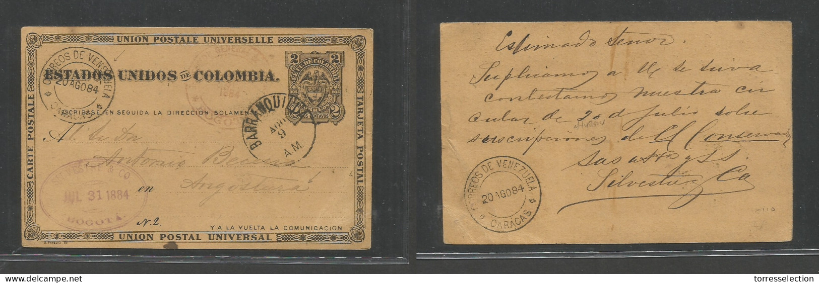 COLOMBIA. 1884 (July 31) Bogota - Angostura, Venezuela Via Barranquilla - Caracas (20 Aug) 2c Black Stat Card. Very Rare - Colombia