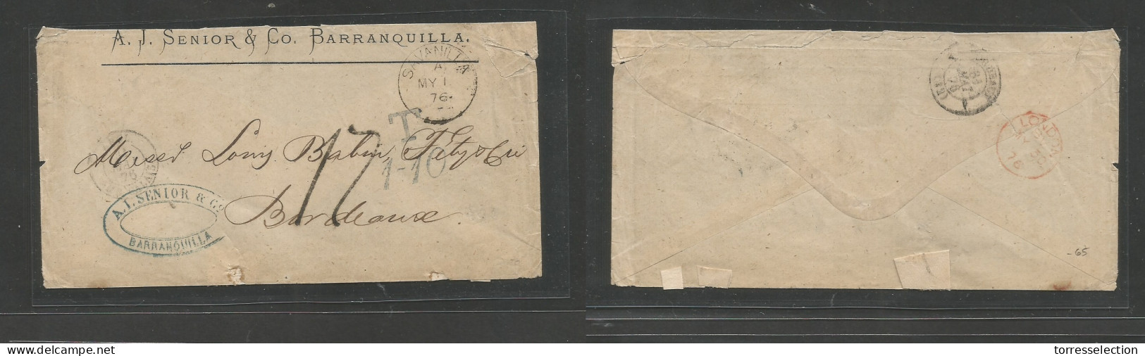 COLOMBIA. 1876 (May 1) Barranquilla - France, Bordeaux (31 May) Via VPO Savanilla - London Red Cds On Reverse. Stampless - Colombia