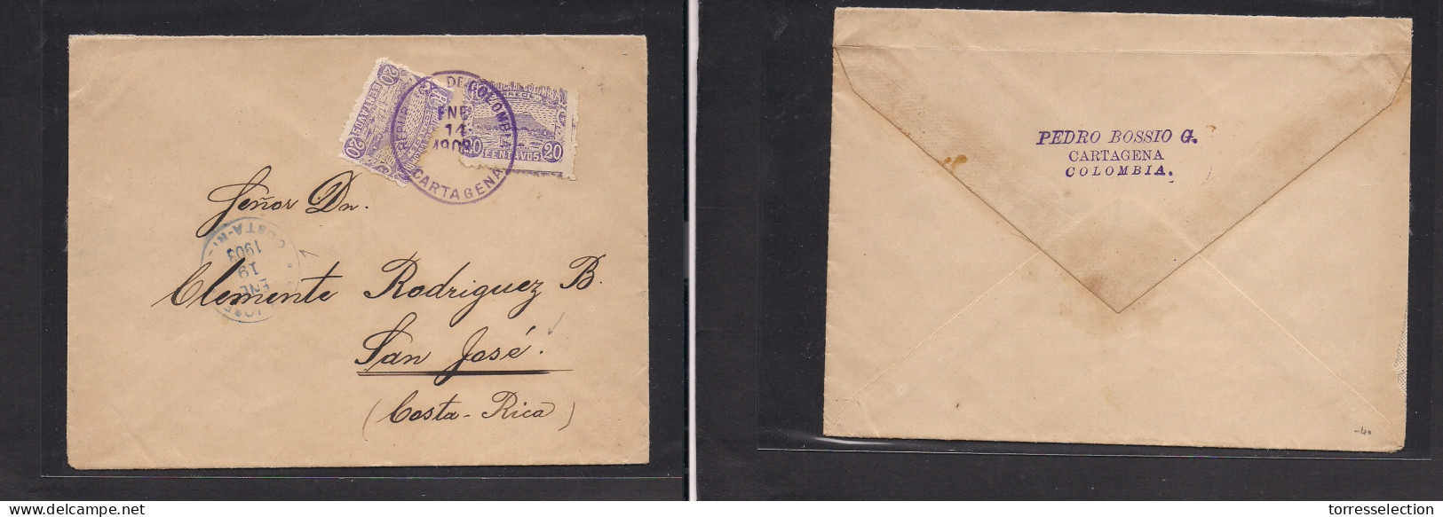 COLOMBIA. 1903 (14 Ene) Cartagena - Costa Rica, S. Jose (19 Ene) 40c Rate Multifkd Env + Tied Lilac Cds. Arrival On Fron - Colombia