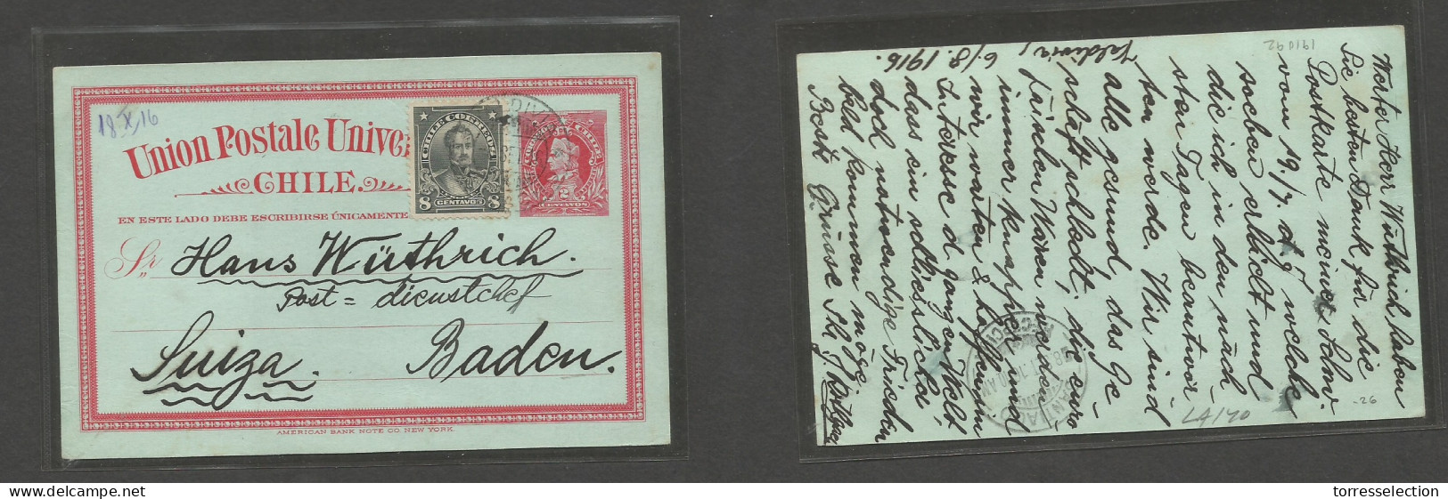 CHILE - Stationery. 1916 (6 Aug) Valdivia - Switzerland, Baden. 2c Red Stat Card + 8c Adtl, Tied Cds. Fine Used. - Chile