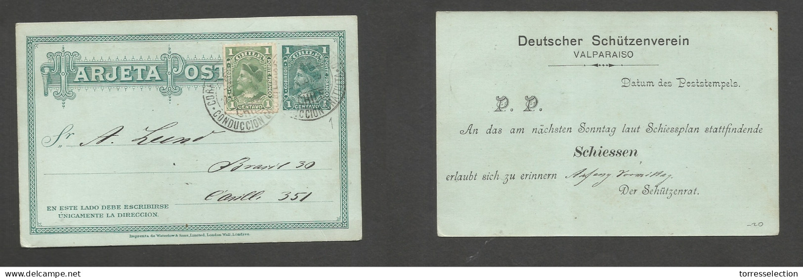 CHILE - Stationery. C. 1906 Valp Local Usage. Preprinted Message 1c Green Stat Card Large Vertical Colon Type + 1c Green - Chile