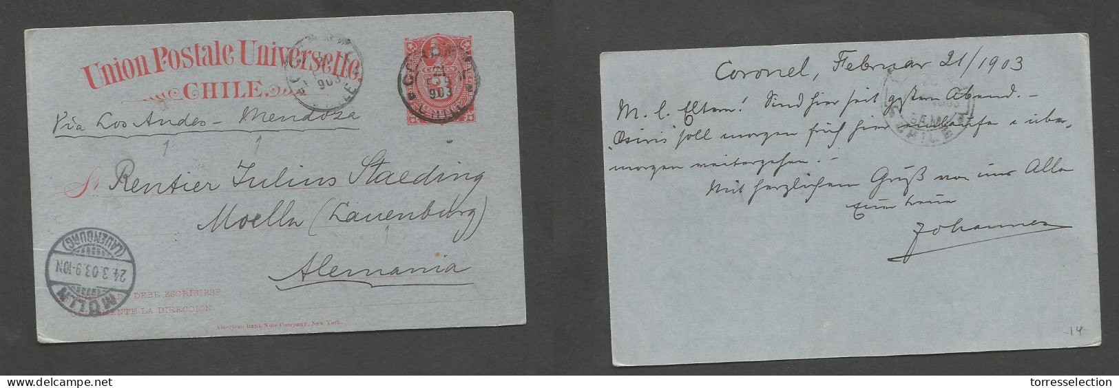 CHILE - Stationery. 1903 (21 Febr) Coronel - Germany, Molln (24 March) 3c Red / Bluish Stat Card. Via Los Andes - Mendoz - Chile