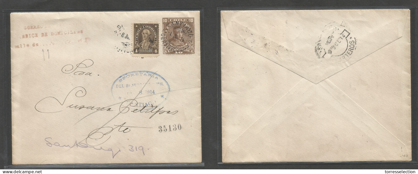 CHILE - Stationery. 1914 (8 July) Stgo Local Stat Card. 10c Brown Stat Envelope + 4c Adtl, Cds + Special Postal Cachet " - Chile