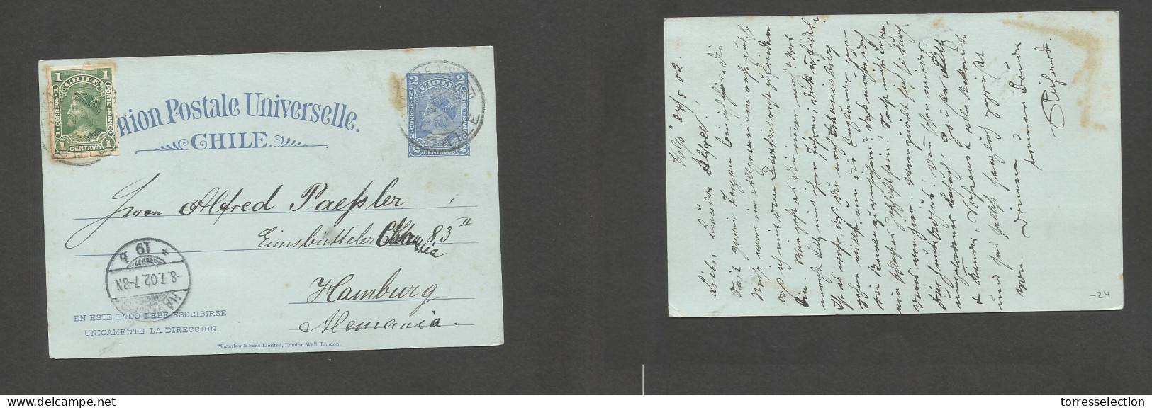 CHILE - Stationery. 1902 (24 May) Valp - Germany, Hamburg (8 July) 2c Blue Vertical Large Colon Type Stationary Card + 1 - Chile