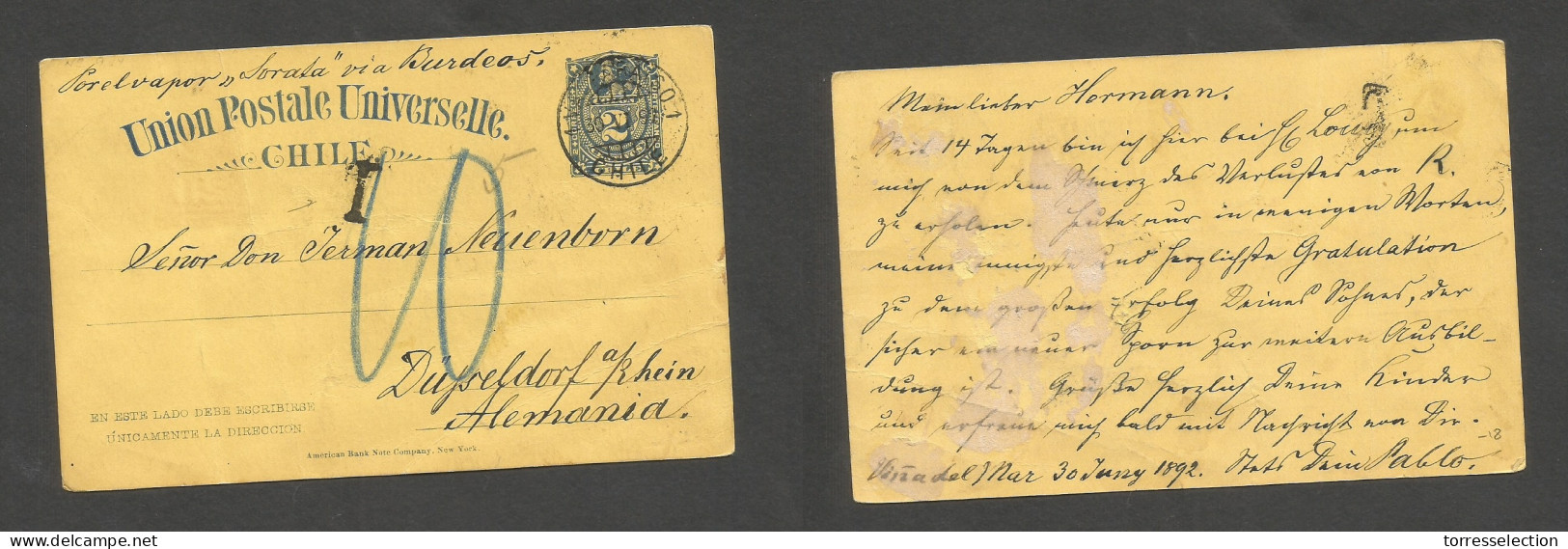 CHILE - Stationery. 1892 (30 June) Viña Del Mar - Germany, Dusseldorf. 2c Blue / Yellow Stat Card + Taxed + Cash Paid. E - Chile