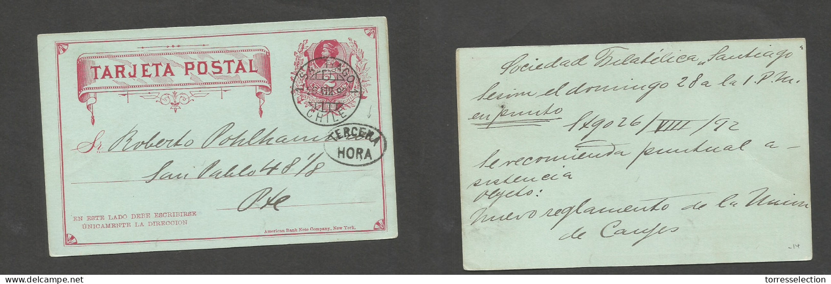 CHILE - Stationery. 1892 (26 Aug) Stgo Local Usage 2c Red Stat Card. Oval "tercera Hora" Cachet (xxx) Fine + Scarce. - Chile