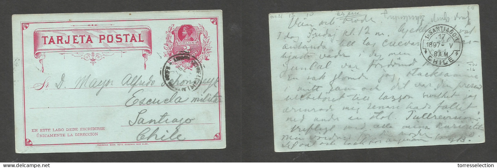 CHILE - Stationery. 1897 (17 May) TPO Cancel. 2c Red Stat Card Usage To Escuela Military, Santiago. - Chile