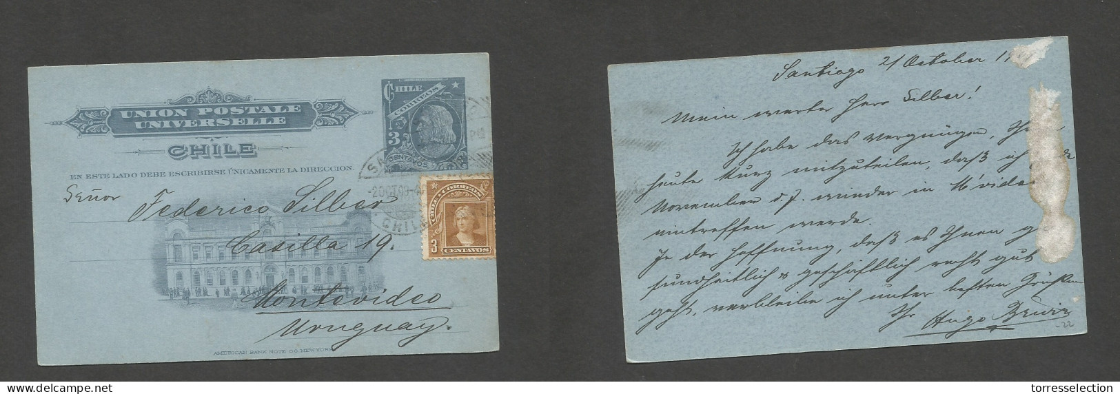 CHILE - Stationery. 1909 (20 Oct) Stgo - Uruguay, Montevideo. 3c Blue Stat Card + 3c Adtl, Tied Cds. Fine + Unusual Dest - Chile