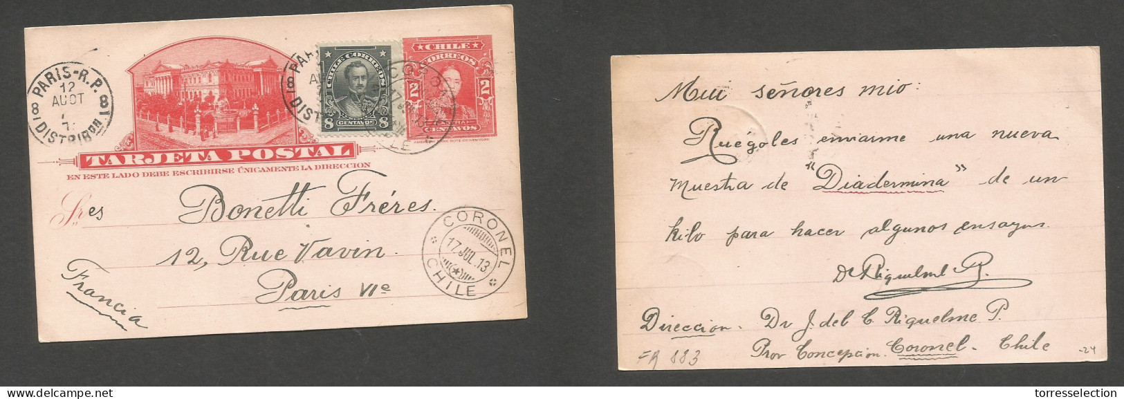 CHILE - Stationery. 1913 (17 July) Coronel - France, Paris. 2c Red Stat Card + 8c Adtl, Cds. VF Usage. - Chile