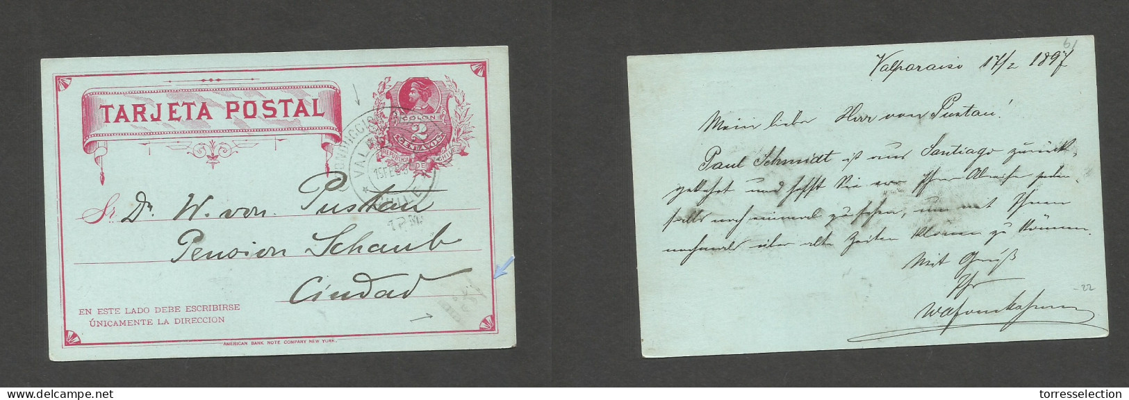 CHILE - Stationery. 1897 (17 Feb) Valp Local 2c Red Stat Card Usage. Conduccion Gratuita Cachet + "3" Box District Valp. - Chile