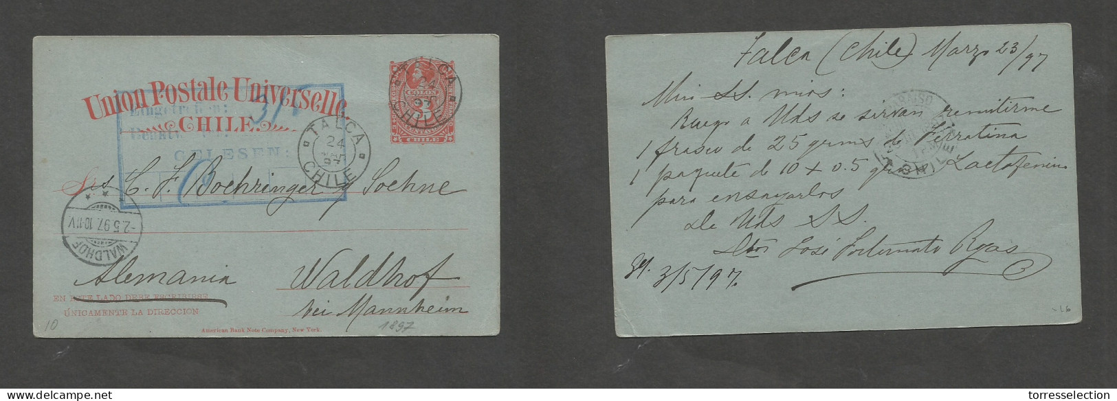 CHILE - Stationery. 1897 (23 March) Talca - Germany, Wald Hof (2 May) 3c Red, Bluish Stat Card. Fine Used. - Chile