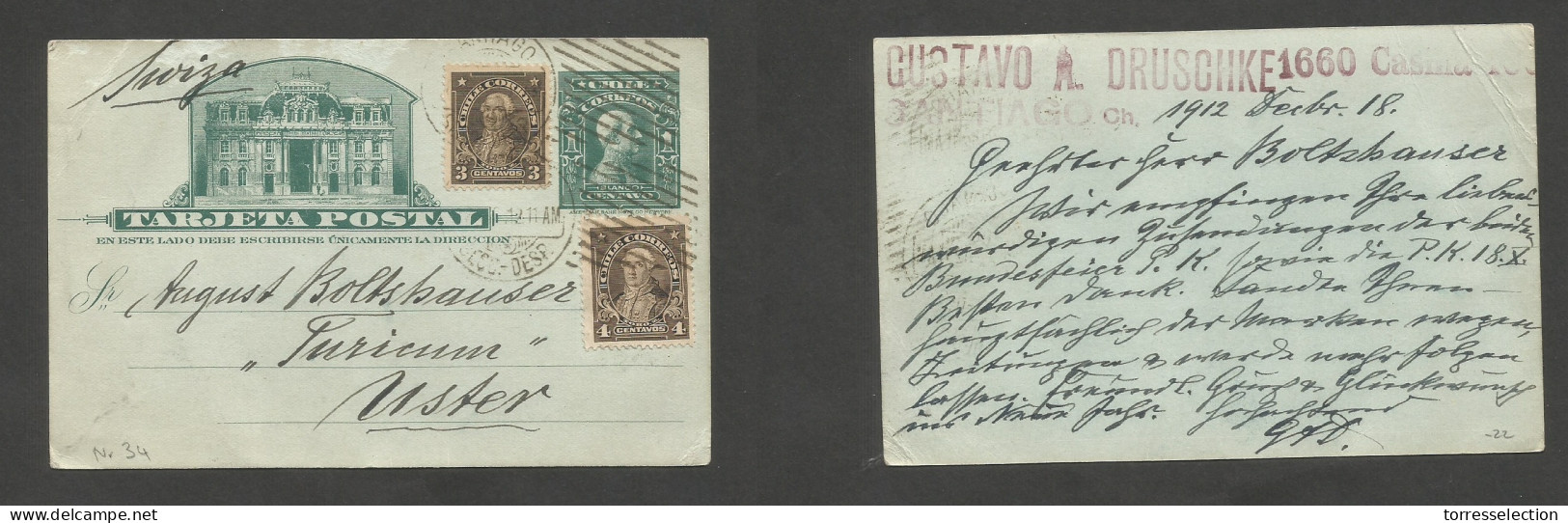 CHILE - Stationery. 1912 (18 Dec) Stgo - Switzerland, Uster. 1c Green Illustr Stat Card + 2 Adtls, Grill Cds. - Chile