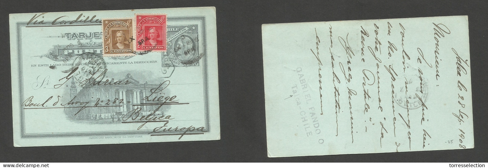 CHILE - Stationery. 1908 (28 Sept) Talca - Belgium, Liege. 1c Grey Illustr Stat Card + 2 Adtl, Tied Cds Via Codillera. F - Chile