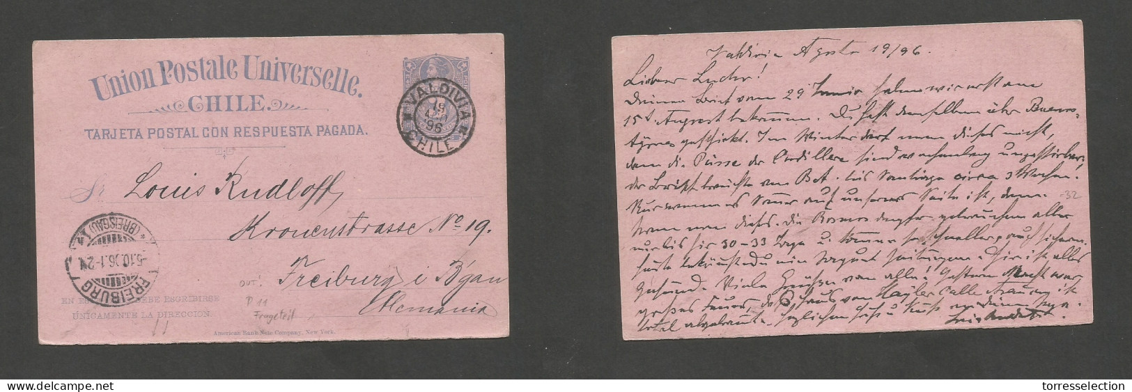 CHILE - Stationery. 1896 (19 Aug) Valdivia - Germany, Freiburg (5 Oct) 3c Blue / Pink Stat Card. Half Stat Card Way Out. - Chile