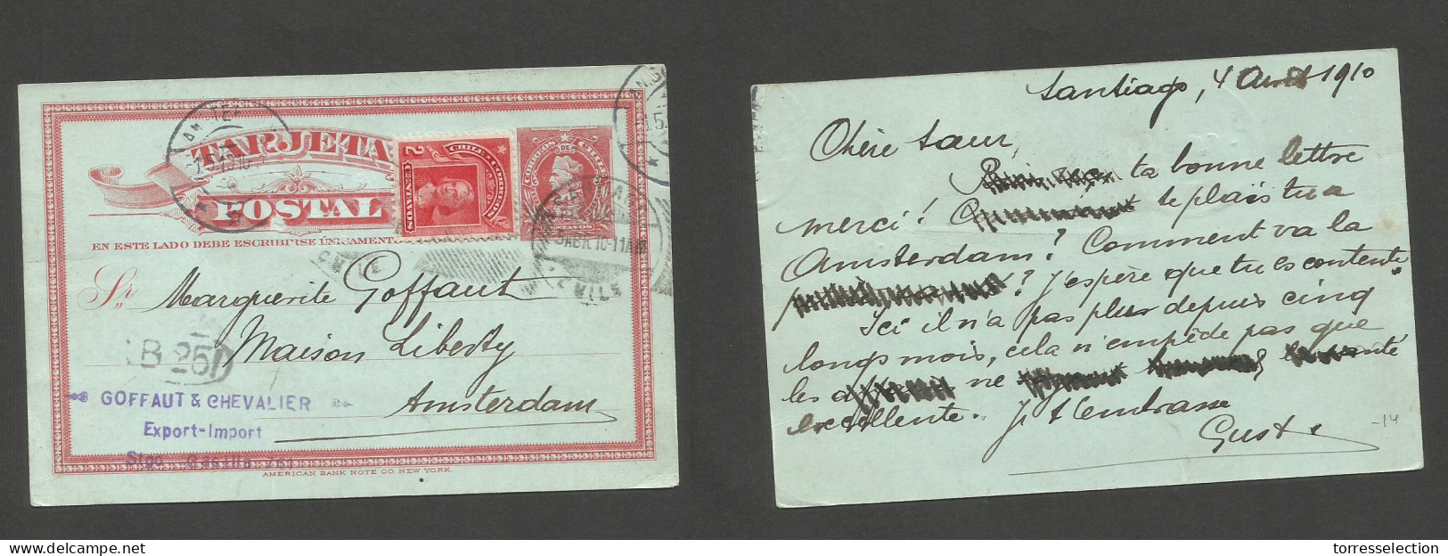 CHILE - Stationery. 1910 (4 Aug) Stgo - Netherlands, Amsterdam (15 Oct) 2c Red Stat Card + 2c Red Adtl + Dest. Fine. - Chile