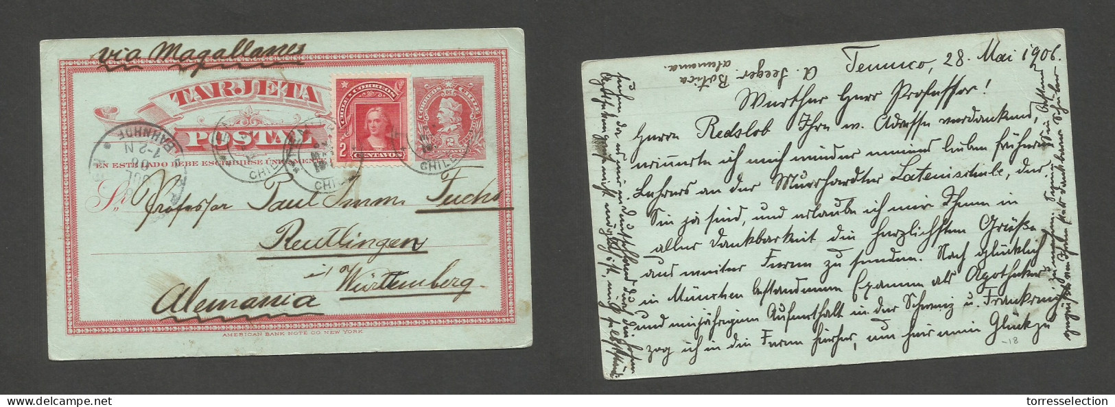 CHILE - Stationery. 1906 (28 May) Temuco - Germany, Reutlingen (16 July) 2c Red Stat Card + 2c Red Adtl Via Magallanes.  - Chile