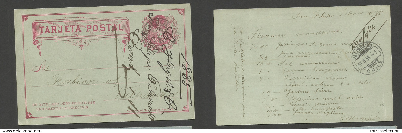 CHILE - Stationery. 1885 (10 Feb) San Felipe - Valp 2c Red Bluish Stat Card. Fine Early Usage. - Cile