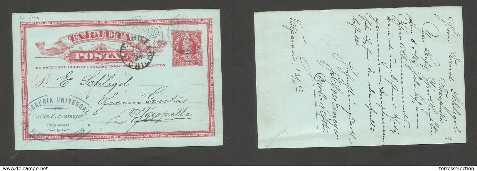 CHILE - Stationery. 1902 (13 Nov) Valp - Tocopilla (20 Nov) 2c Red Stat Card. Music Librery. VF Used. - Chile