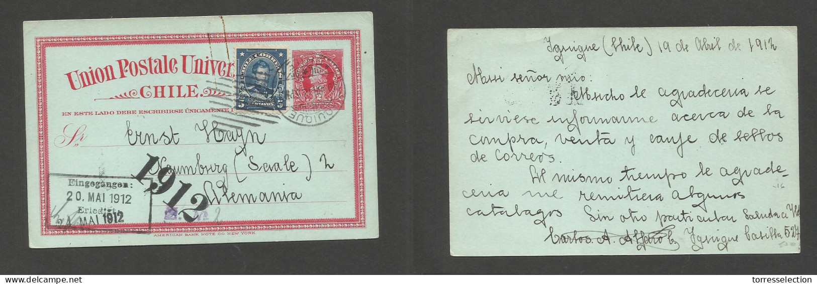 CHILE - Stationery. 1912 (19 Apr) Iquique - Germany, Namburg (20 May) 2c Red Colon Stat Card + 5c Adtl, Tied Cds Grill.  - Cile