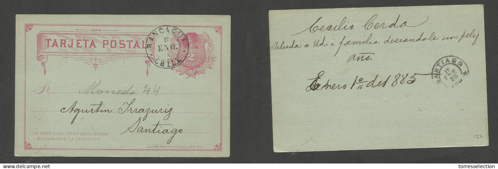 CHILE - Stationery. 1885 (Jan 1) Rancagua - Stgo (1 Enero) 2c Red Stat Card. Fine Early First Day Of Year Usage. - Cile