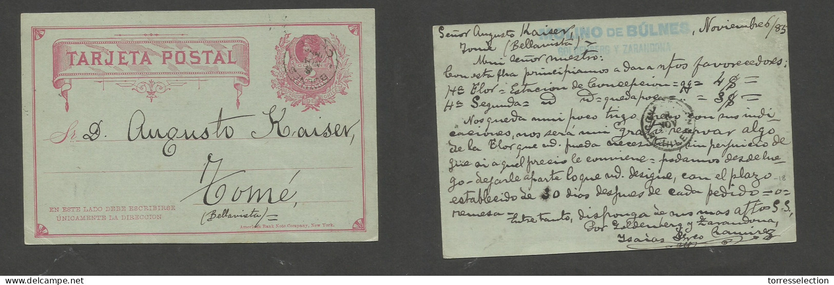 CHILE - Stationery. 1885 (6 Nov) Molino De Bulnes - Tomé, Bellavista (8 Nov) 2c Red Stat Card. Fine Origin Early Usage C - Cile