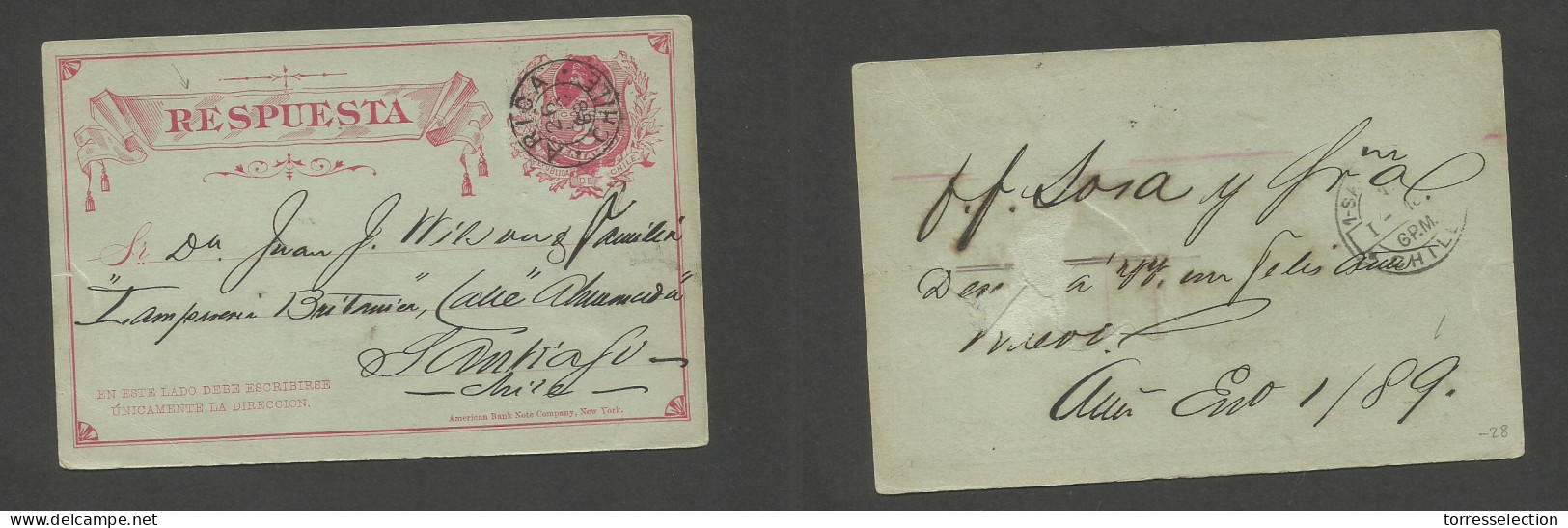 CHILE - Stationery. 1888 (26 Dec) REPLY Half. Proper Usage Back. Arica - Stgo (1 Jan 1889) 2c Red Stat Card. - Chile