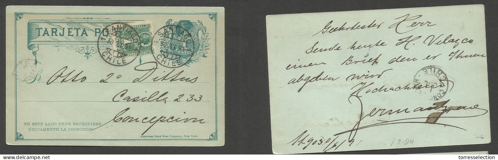 CHILE - Stationery. 1891 (30 June) Stgo - Concepcion. Local 1c Green Stat Card + 1c Green Perce Adtl, Cds. Fine. - Chile