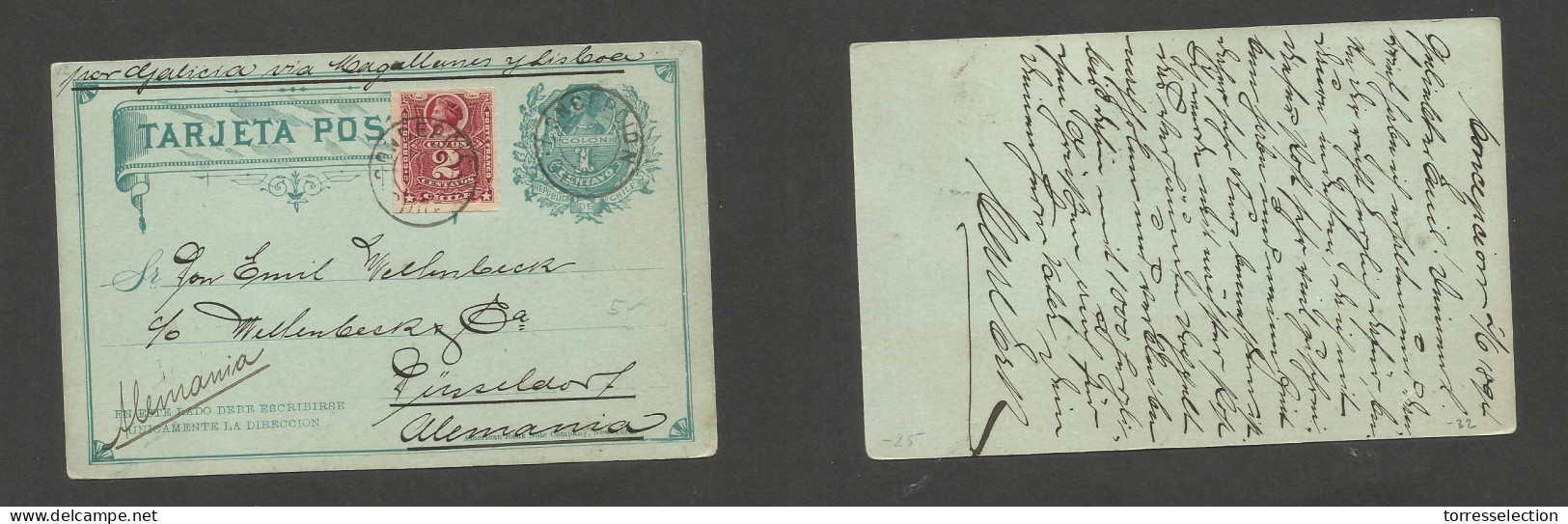 CHILE - Stationery. 1894 (2 June) Concepcion - Germany, Dusseldorf Por Galicia Via Magallanes - Lisboa. 1c Green Stat Ca - Cile