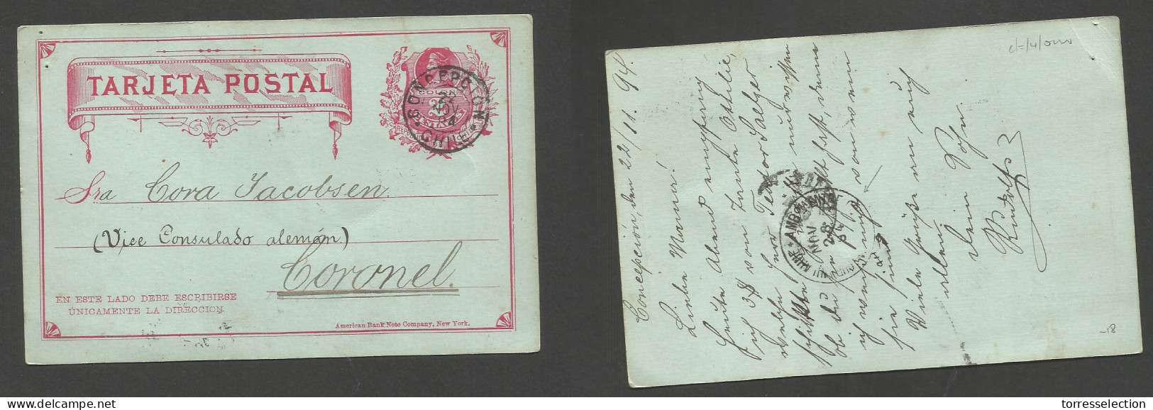 CHILE - Stationery. 1894 (22 Nov) Concepcion - Coronel 2c Red Stat Card Via TPO Reverse. Fine Used. - Chili
