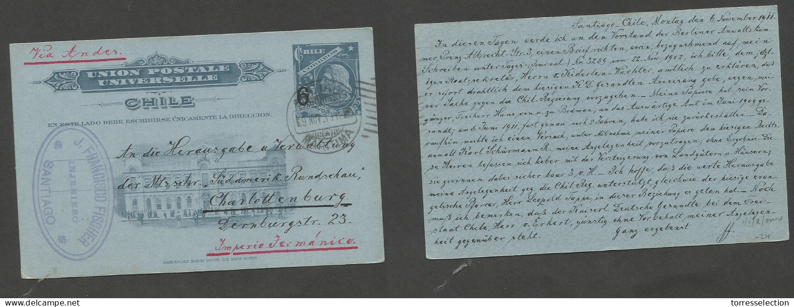 CHILE - Stationery. 1911 (6 Nov) Stgo - Germany, Charlottenburg. 6c Ovptd Stat Card. VF Used. Maritime Cancel. - Chili