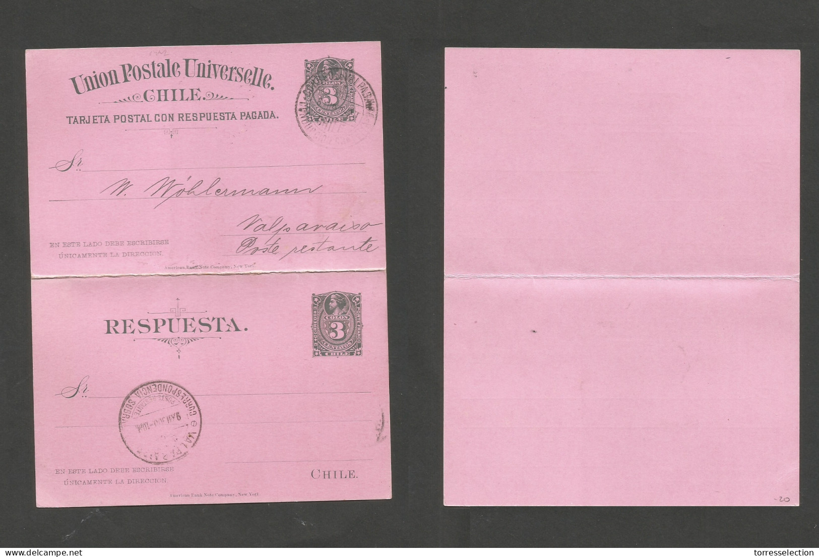 CHILE - Stationery. 1900 (9 Dec) Valp Local Poste Restante Usage. Doble 3c Blue / Pink Stat Card. Scarce. - Chile