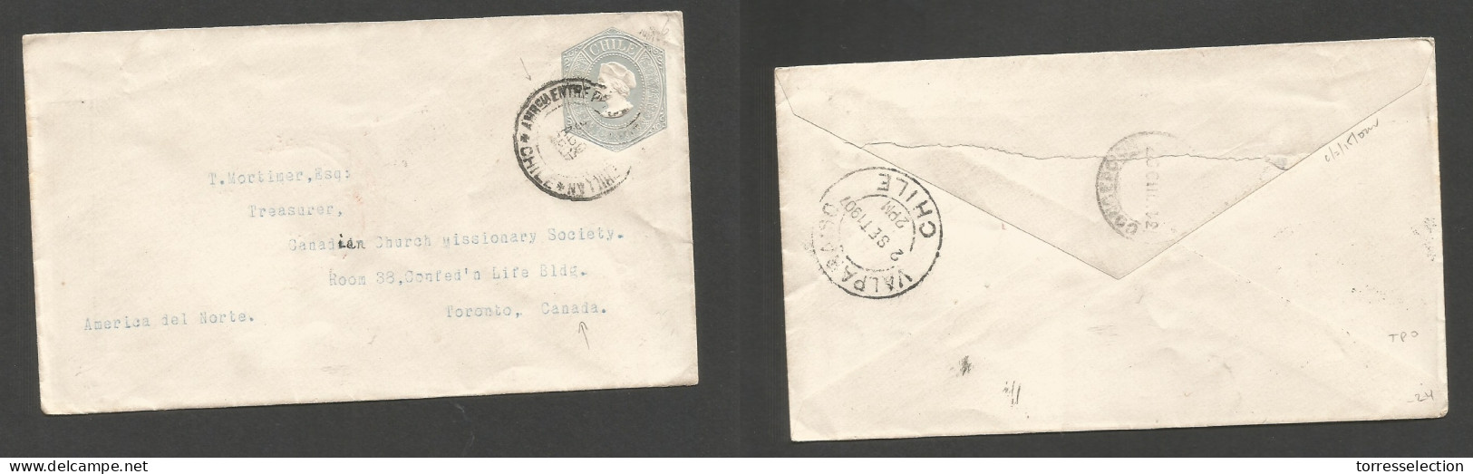 CHILE - Stationery. 1907 (30 Aug) TPO, Chillan - Canada, Toronto Via Valp 10c Grey Stat Env. Canadian Missionary. - Cile