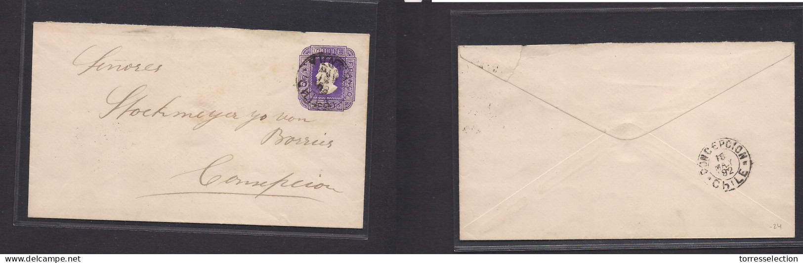 CHILE - Stationery. 1892 (17 May) Yungat - Concepcion. 5c Lilac Stationary Small Envelope, Cds. Paper Crossing Wavy Line - Chili