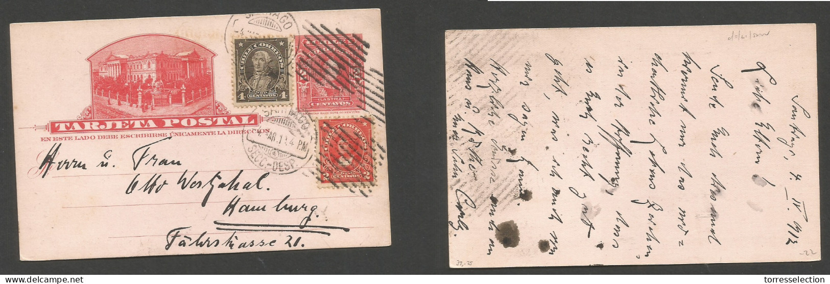CHILE - Stationery. 1912 (12 Apr) Stgo - Germany, Hamburg. 2c Red Illustr Stat Card + 2 Adtls At 8c Rate. Fine Used. - Chili