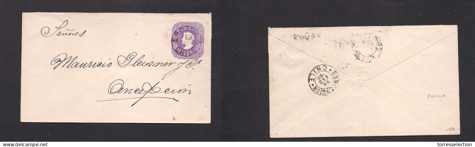 CHILE - Stationery. 1893 (Feb) Eralla - Concepcion (28 Feb) 5c Lilac Small Stationary Envelope, Paper Crossing Lines At  - Chile