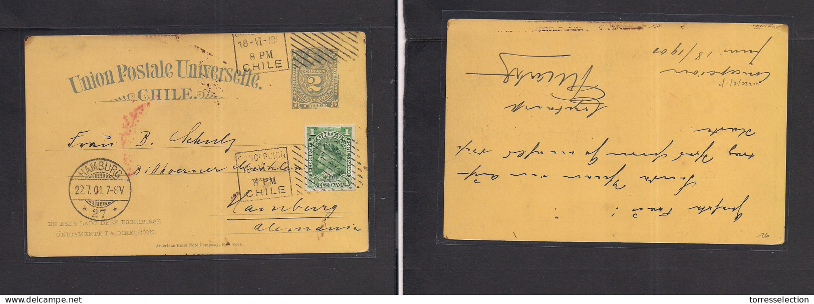 CHILE - Stationery. 1901 (18 June) Concepcion - Germany, Hamburg (22 July) 2c Blue / Yellow Stat Card + 1c Green Adtl, T - Cile