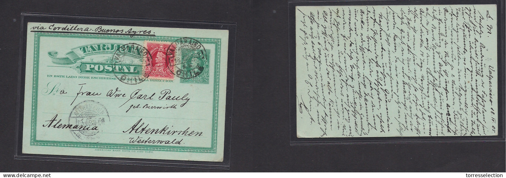 CHILE - Stationery. 1905 (18 Apr) Valp - Germany, Alterkirchen (17 May) 1c Green Stat Card + 2c Red Adtls Via Cordillera - Chili