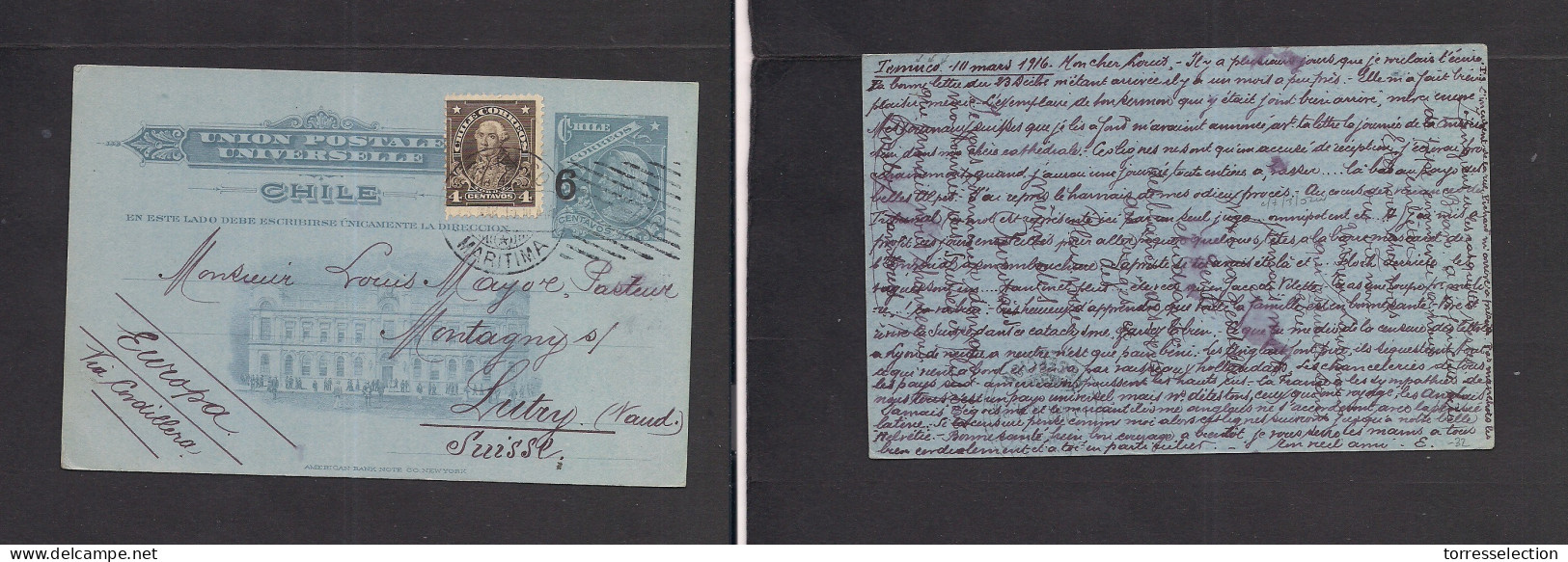 CHILE - Stationery. 1916 (11 March) Tenuco - Switzerland, Lutry. 6c Ovptd 3c Blue Stat Illustr Card + 4c Adlt, Tied Cds  - Chile