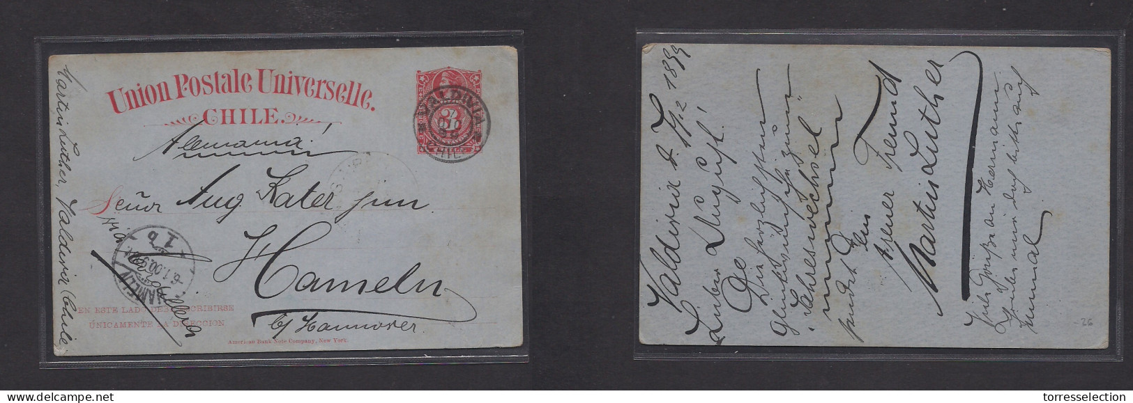 CHILE - Stationery. 1899 (7 Dic) Valdivia - Germany, Hamelin (6 Jan 1900) 3c Red Stat Card. Fine Used. - Chile