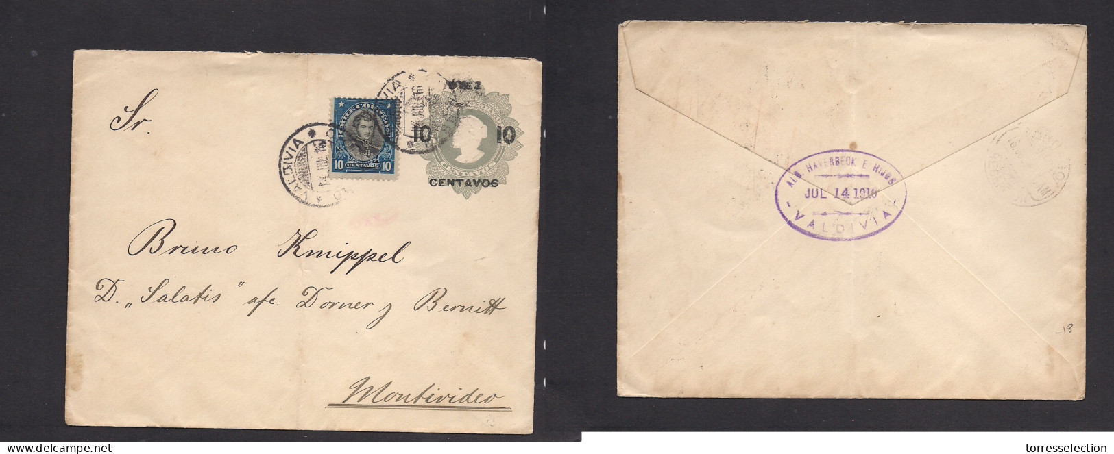 CHILE - Stationery. 1916 (14 July) Valdivia - Uruguay, Montevideo. 10c Ovptd Stationary Envelope, 10c Adtl, Tied Cds. - Cile