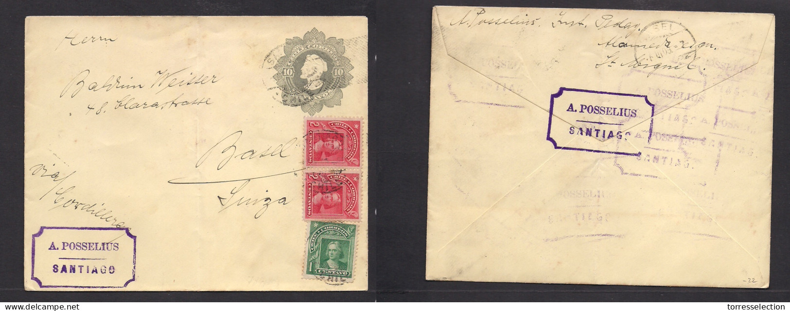 CHILE - Stationery. 1909. Santiago - Switzerland, Basel (6 Dic) 10c Grey + 3 Adtl Stationary Envelope. Fine. - Chili