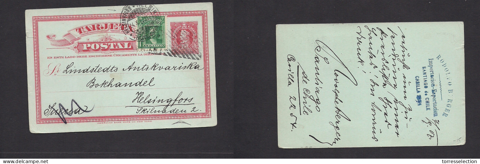 CHILE - Stationery. 1907 (7 Sept) Santiago - Tyuland (24 Oct) Helsingfors. 2c Red Stat Card + 1c Green Adtl. Arrival Cac - Chili