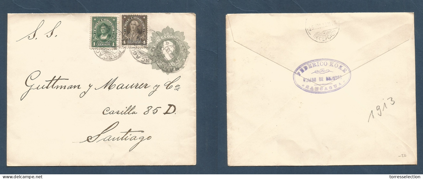 CHILE - Stationery. 1913. Molino De Chindro, Pangagua - Santiago. 5c Grey Stat Env + 2 Adtls, Panagua Cds. Fine Used. - Chili