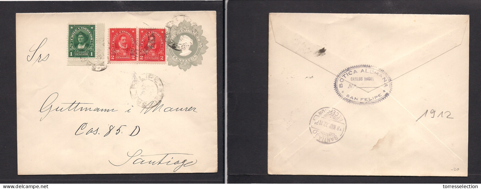 CHILE - Stationery. 1913 (March) San Felipe - Santiago. 5c Grey Stat Env + 3 Adtls. Fine Usage. - Cile